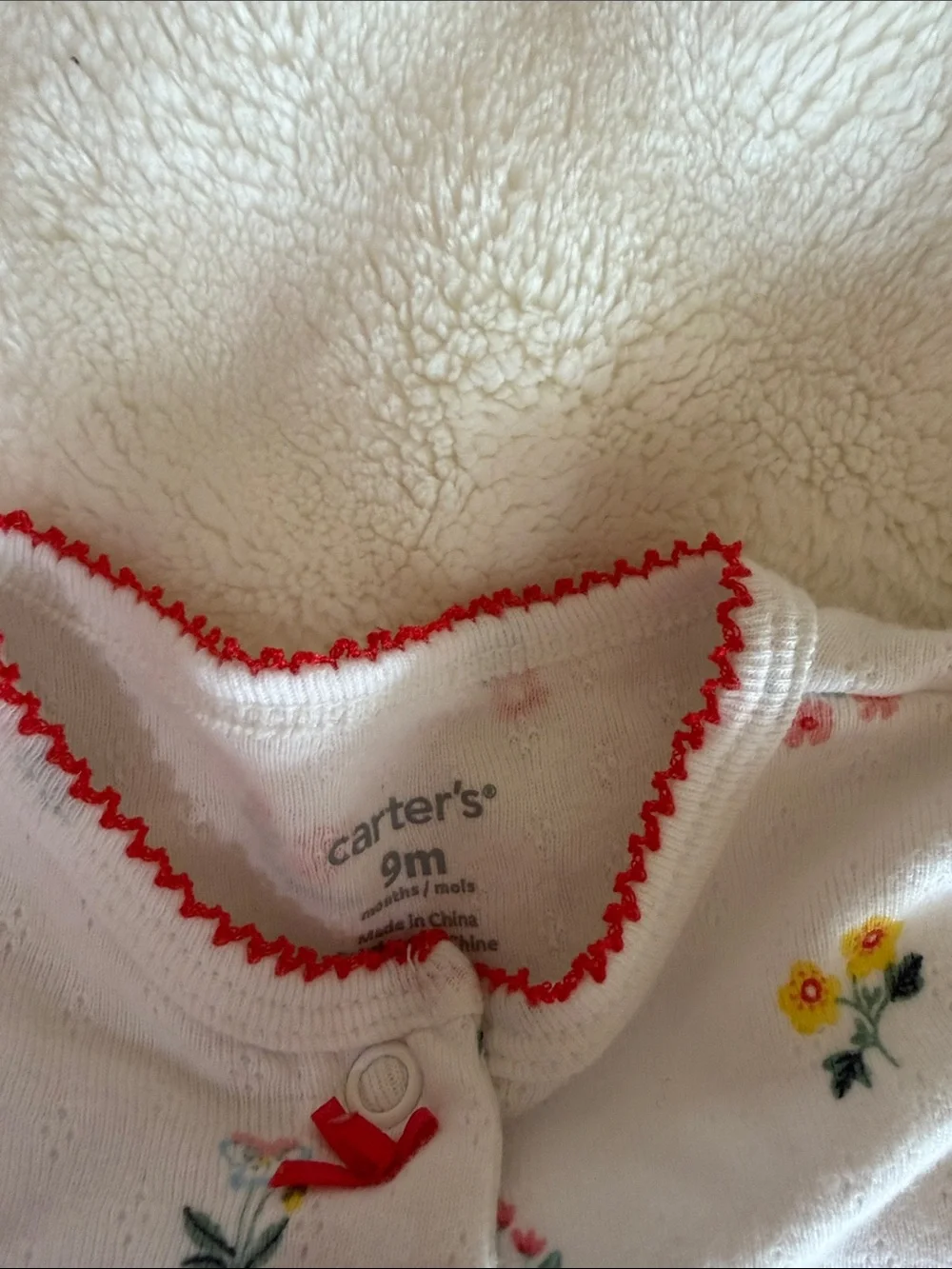Carter's White Floral Footed One-Piece with Red Trim